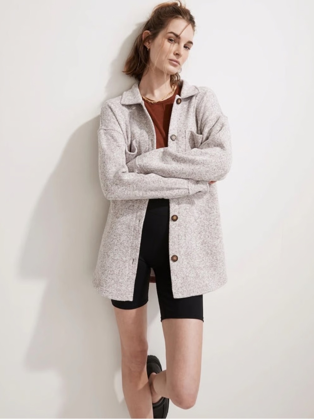 Maxwell resourced sweater fleece shirt jacket in Grey marled color